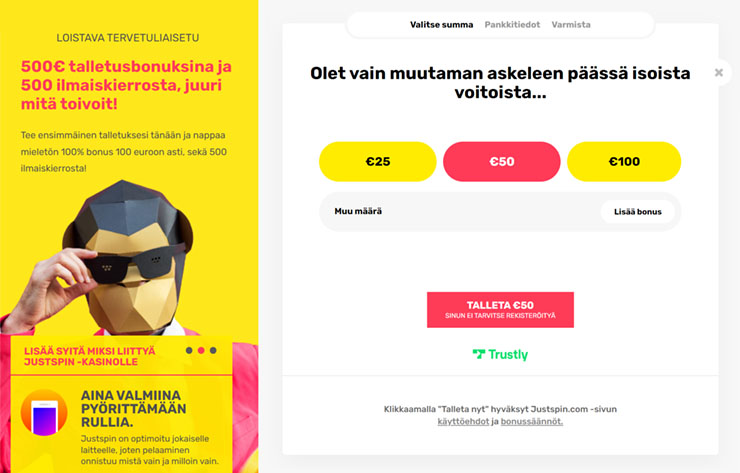 JustSpin Casino talletukset ja kotiutukset mahdollistaa Trustly