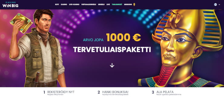 Casino Win Big etusivulla komeilee iso bonuspaketti.