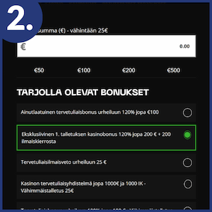 Valitse vähintään bonuksen lunastukseen oikeuttava talletussumma.