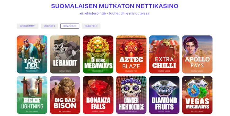 Tuohi Casinon pelivalikoimasta löytyvät myös bonusostopelit.