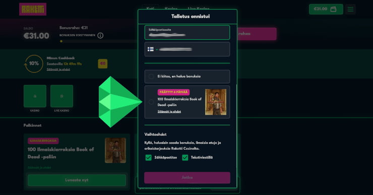 RakettiCasino kotiutus ja talletus hoituu Britellä.