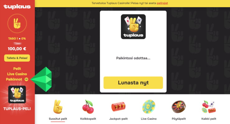 TuplausCasino kampanjat lunastetaan Palkinnot-osiosta.
